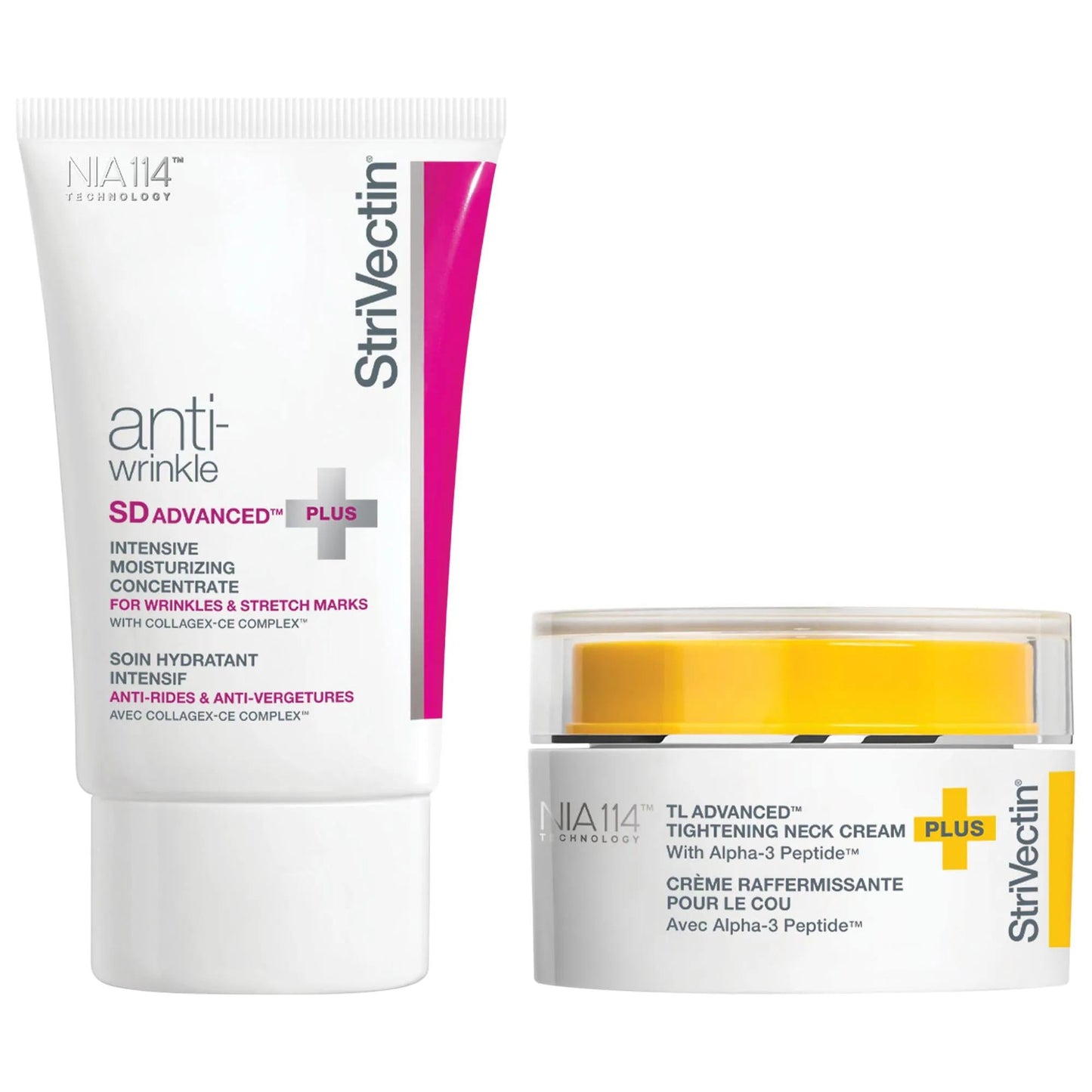 StriVectin skincare set: white tube with pink accent and yellow-lidded jar, NIA114 technology on Tampa Home & Garden Store