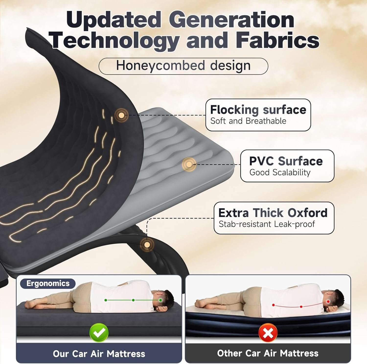Backseat air mattress for SUV/Truck, 24'' wide, black with flocking surface and Oxford fabric on Tampa Home & Garden Store