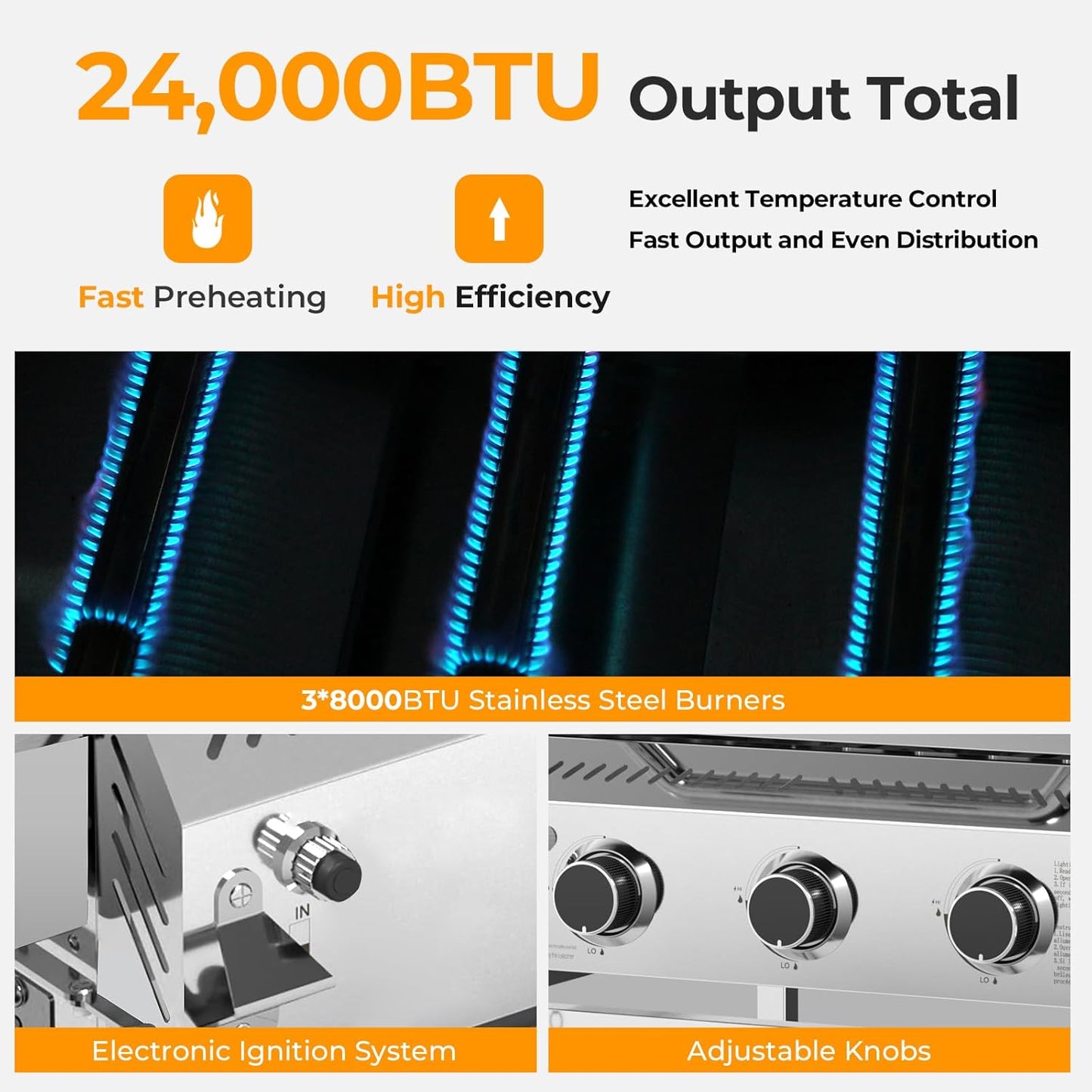 Parrillas de gas propano de 3 y 4 quemadores con quemadores laterales para cocinar al aire libre, barbacoas, patios y campamentos. 