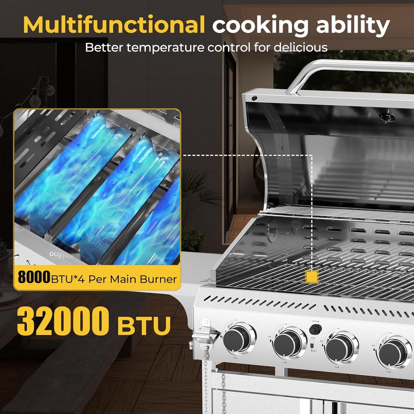 Parrillas de gas propano de 3 y 4 quemadores con quemadores laterales para cocinar al aire libre, barbacoas, patios y campamentos. 