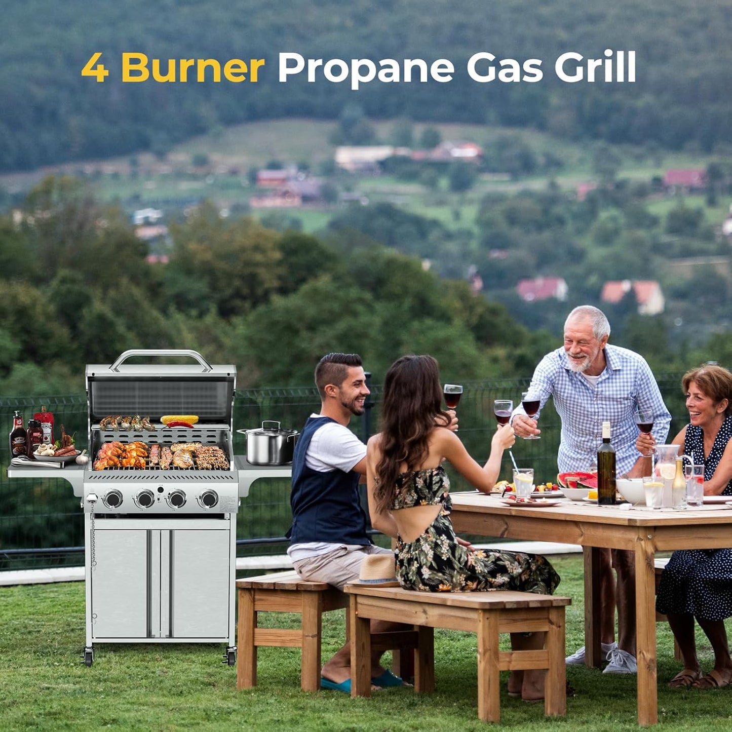 Parrillas de gas propano de 3 y 4 quemadores con quemadores laterales para cocinar al aire libre, barbacoas, patios y campamentos. 