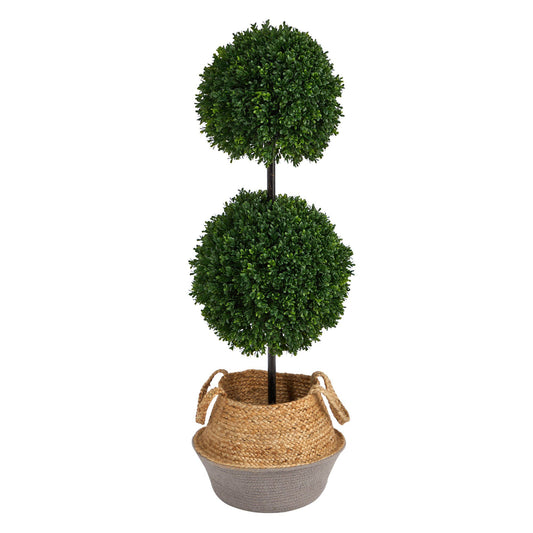 3.5’ Artificial Boxwood Double Ball Topiary Tree in Boho Chic Handmade Cotton & Jute Planter UV Resistant - Tampa Home & Garden Store