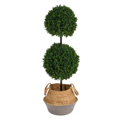3.5’ Artificial Boxwood Double Ball Topiary Tree in Boho Chic Handmade Cotton & Jute Planter UV Resistant - Tampa Home & Garden Store