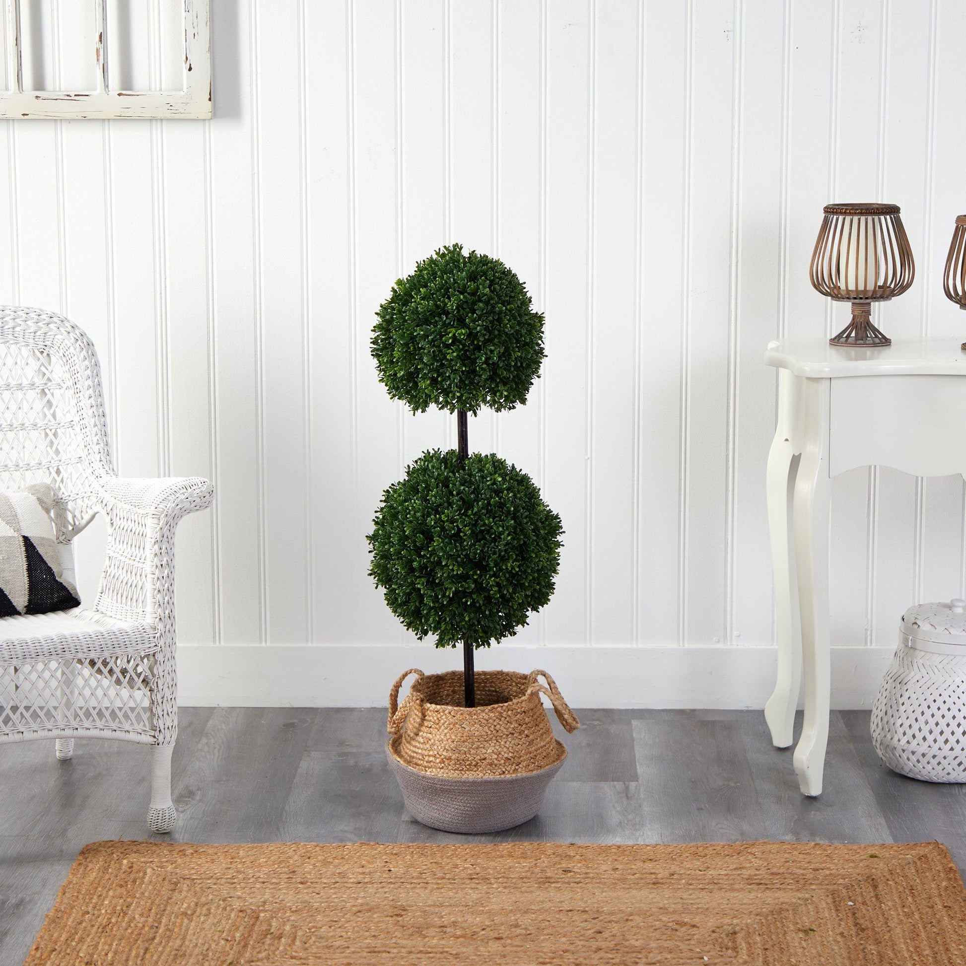 3.5’ Artificial Boxwood Double Ball Topiary Tree in Boho Chic Handmade Cotton & Jute Planter UV Resistant - Tampa Home & Garden Store