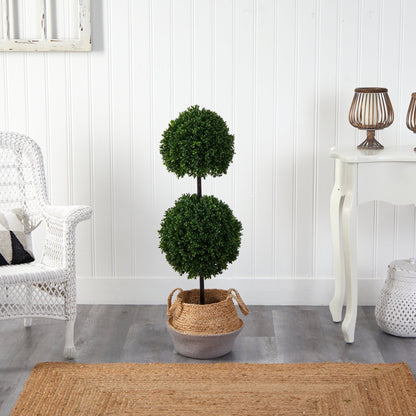 3.5’ Artificial Boxwood Double Ball Topiary Tree in Boho Chic Handmade Cotton & Jute Planter UV Resistant - Tampa Home & Garden Store
