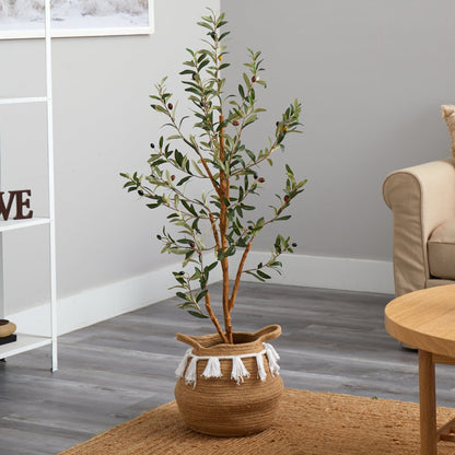 3.5’ Artificial Olive Tree with Handmade Jute & Cotton Basket with Tassels - Tampa Home & Garden Store