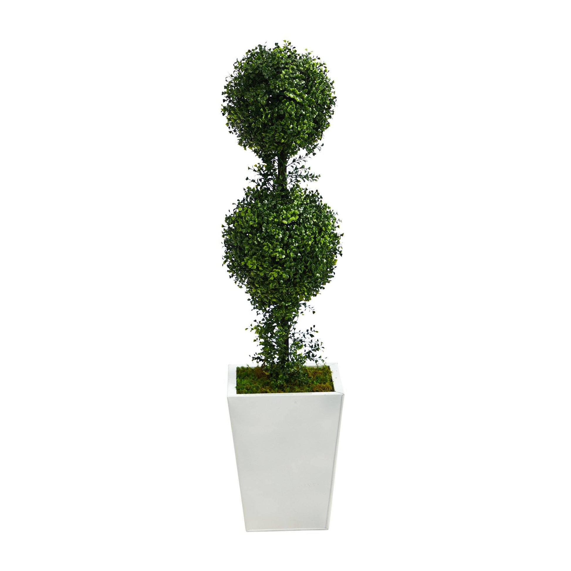 3.5’ Boxwood Double Ball Topiary Artificial Tree in White Metal Planter(Indoor/Outdoor) - Tampa Home & Garden Store