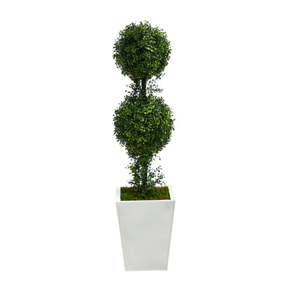3.5’ Boxwood Double Ball Topiary Artificial Tree in White Metal Planter(Indoor/Outdoor) - Tampa Home & Garden Store