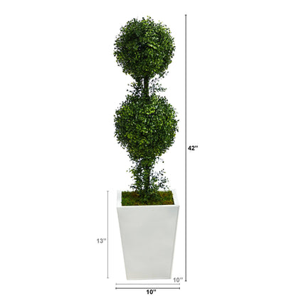 3.5’ Boxwood Double Ball Topiary Artificial Tree in White Metal Planter(Indoor/Outdoor) - Tampa Home & Garden Store
