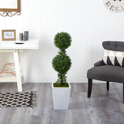 3.5’ Boxwood Double Ball Topiary Artificial Tree in White Metal Planter(Indoor/Outdoor) - Tampa Home & Garden Store