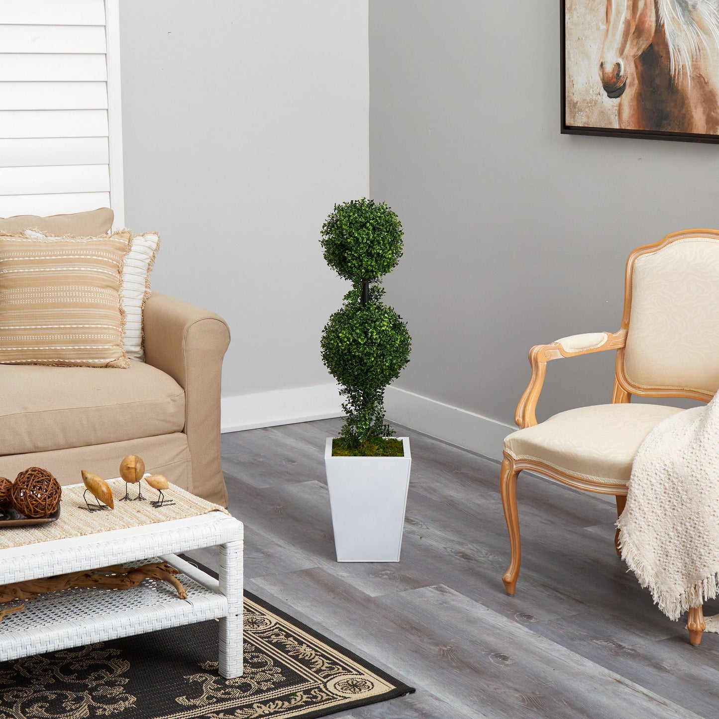 3.5’ Boxwood Double Ball Topiary Artificial Tree in White Metal Planter(Indoor/Outdoor) - Tampa Home & Garden Store