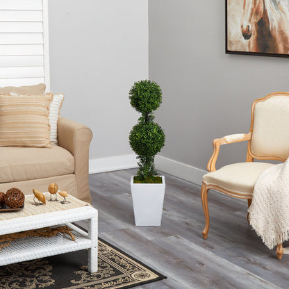 3.5’ Boxwood Double Ball Topiary Artificial Tree in White Metal Planter(Indoor/Outdoor) - Tampa Home & Garden Store