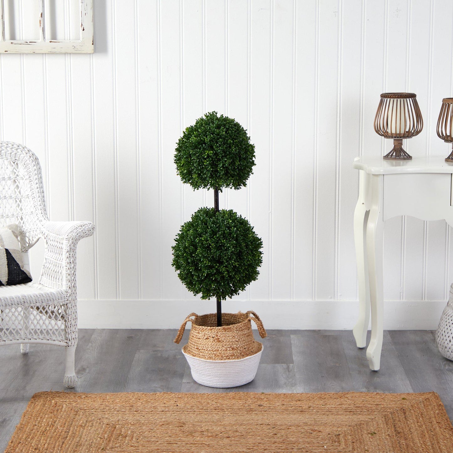 3.5’ Boxwood Double Ball Topiary Tree in Boho Chic Handmade Cotton & Jute Planter UV Resistant - Tampa Home & Garden Store