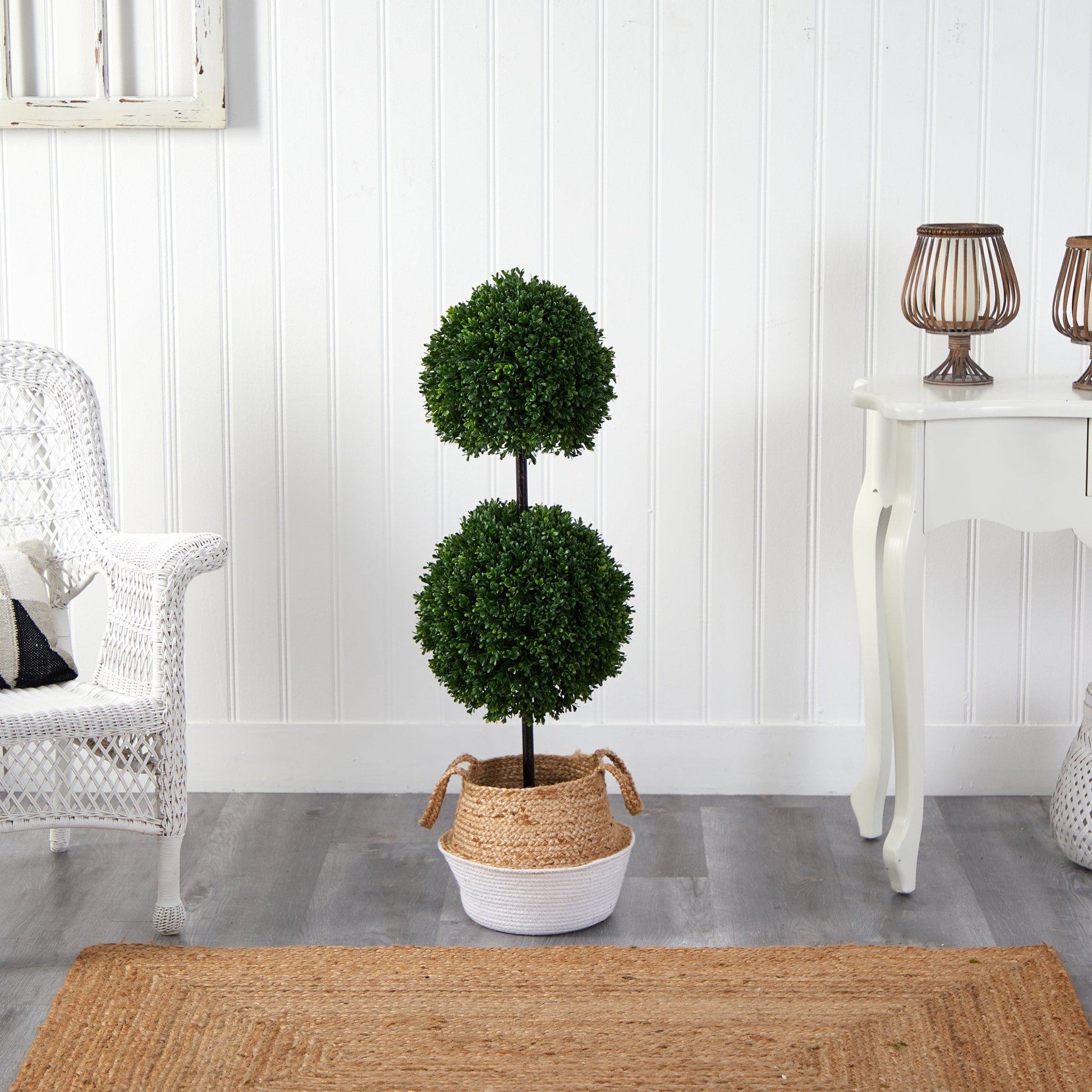 3.5’ Boxwood Double Ball Topiary Tree in Boho Chic Handmade Cotton & Jute Planter UV Resistant - Tampa Home & Garden Store