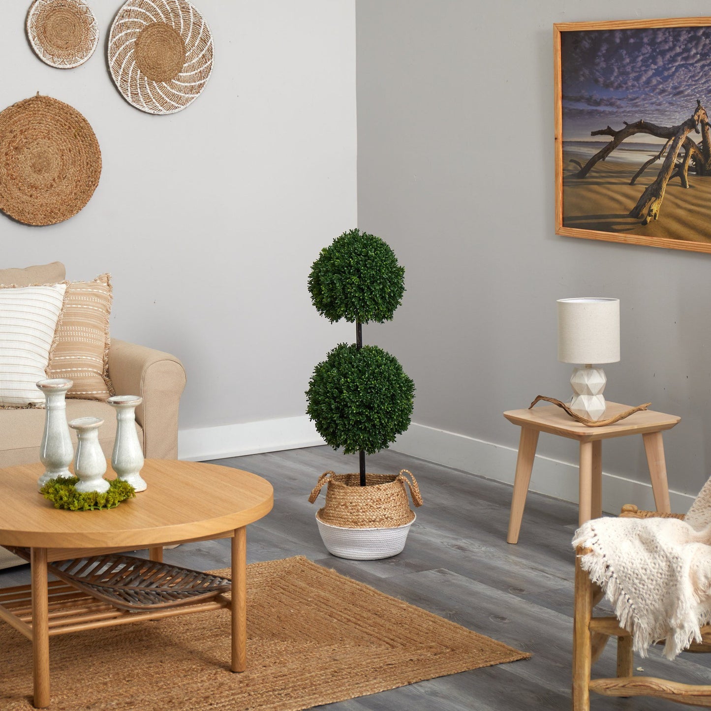3.5’ Boxwood Double Ball Topiary Tree in Boho Chic Handmade Cotton & Jute Planter UV Resistant - Tampa Home & Garden Store