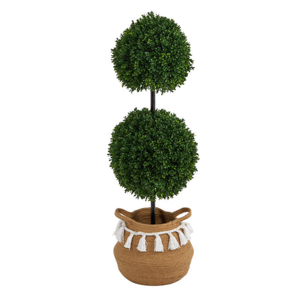 3.5’ Boxwood Double Ball Topiary Tree in Boho Chic Handmade Natural Planter UV Resistant - Tampa Home & Garden Store