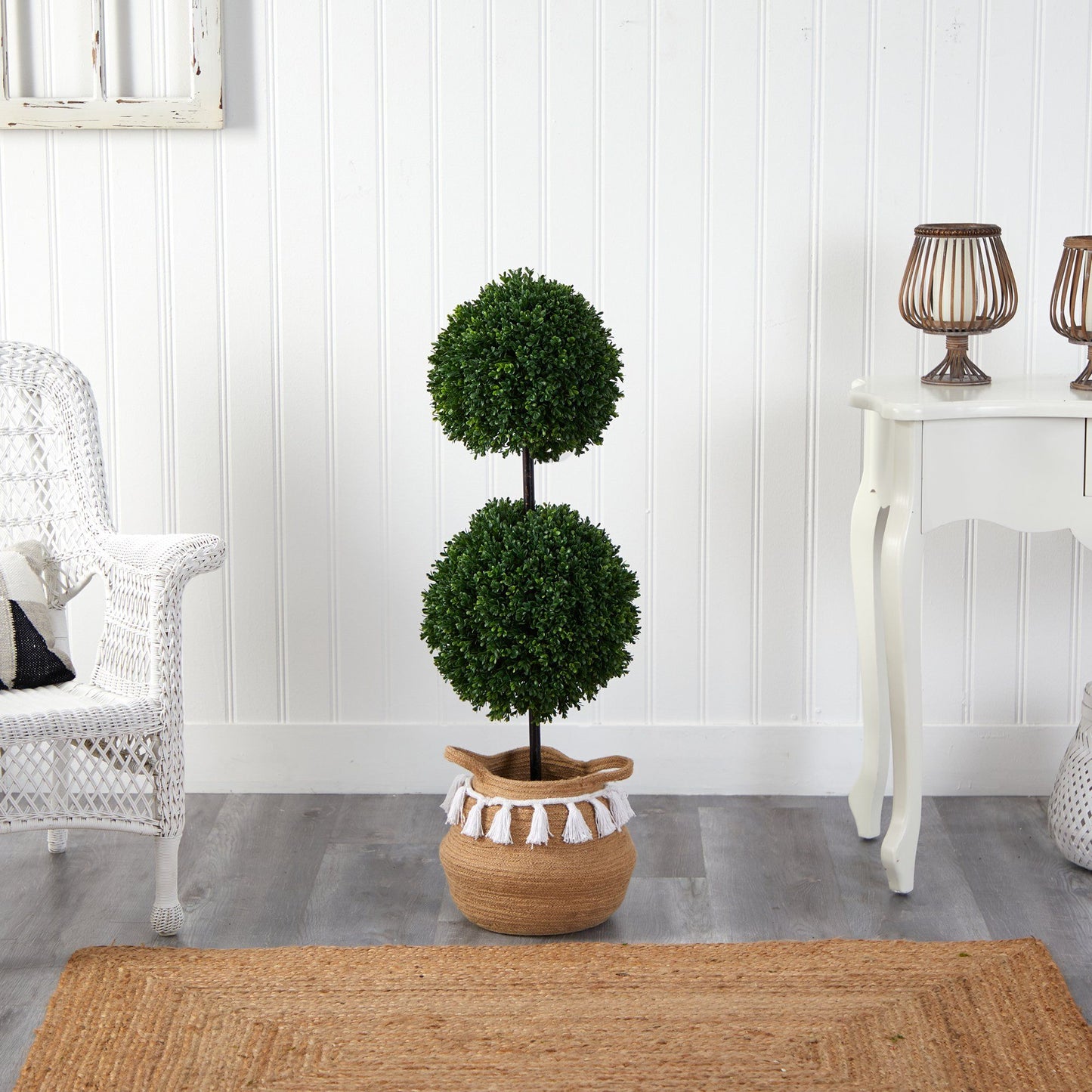 3.5’ Boxwood Double Ball Topiary Tree in Boho Chic Handmade Natural Planter UV Resistant - Tampa Home & Garden Store