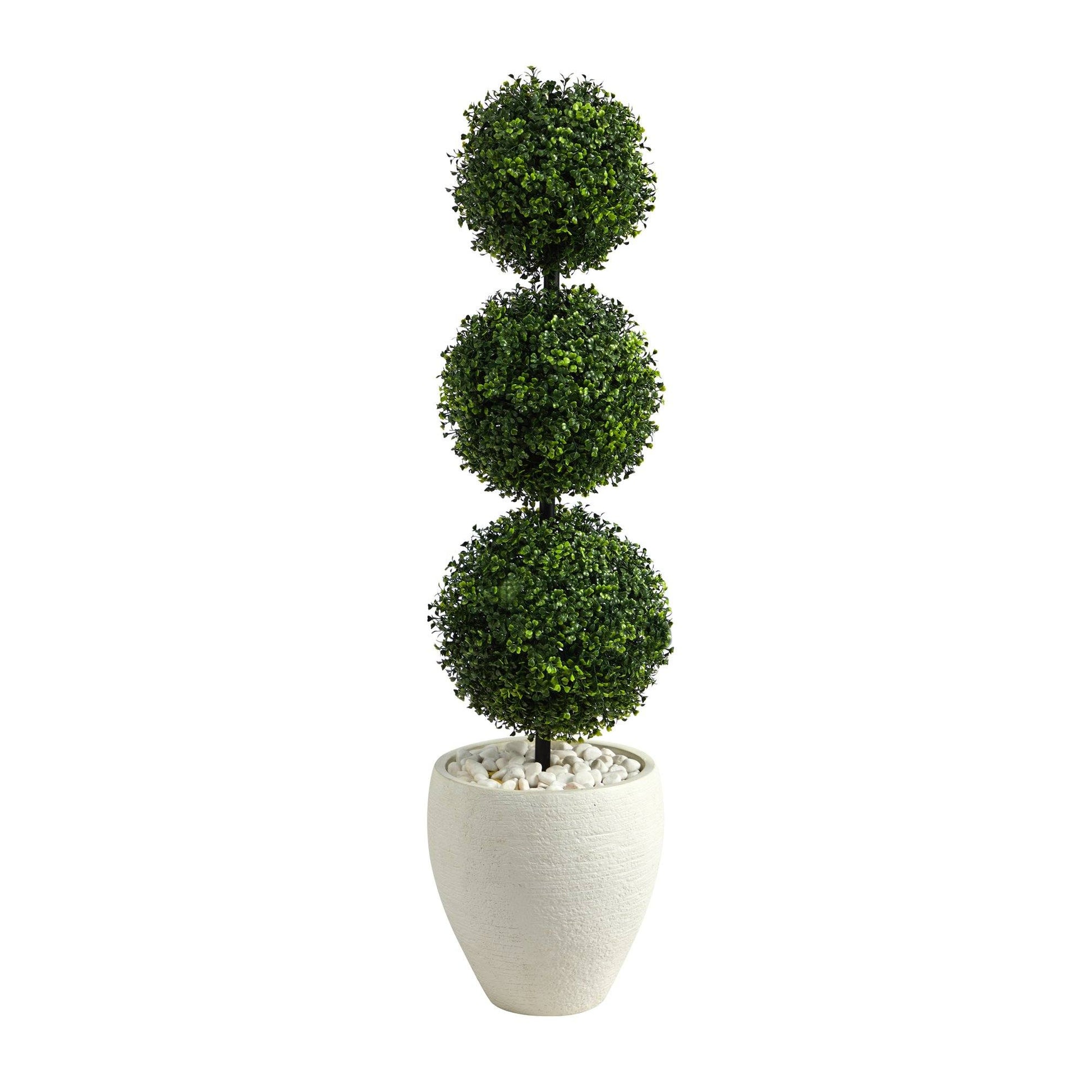 3.5’ Boxwood Triple Ball Topiary Artificial Tree in White Planter (Indoor/Outdoor) - Tampa Home & Garden Store