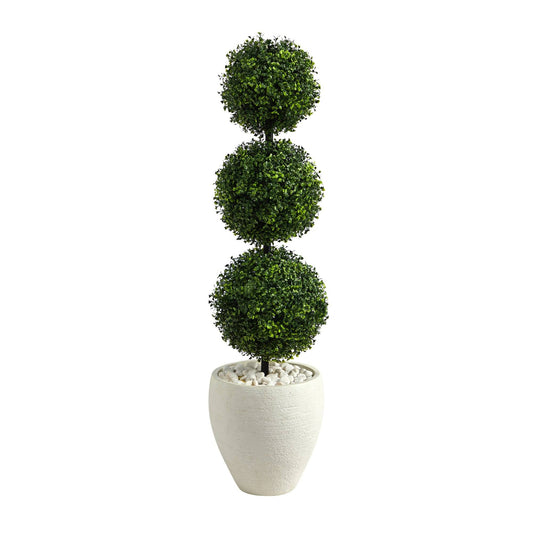 3.5’ Boxwood Triple Ball Topiary Artificial Tree in White Planter (Indoor/Outdoor) - Tampa Home & Garden Store