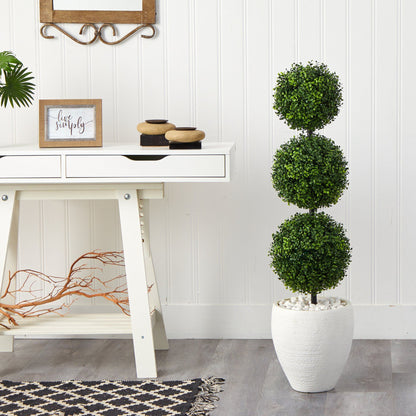 3.5’ Boxwood Triple Ball Topiary Artificial Tree in White Planter (Indoor/Outdoor) - Tampa Home & Garden Store