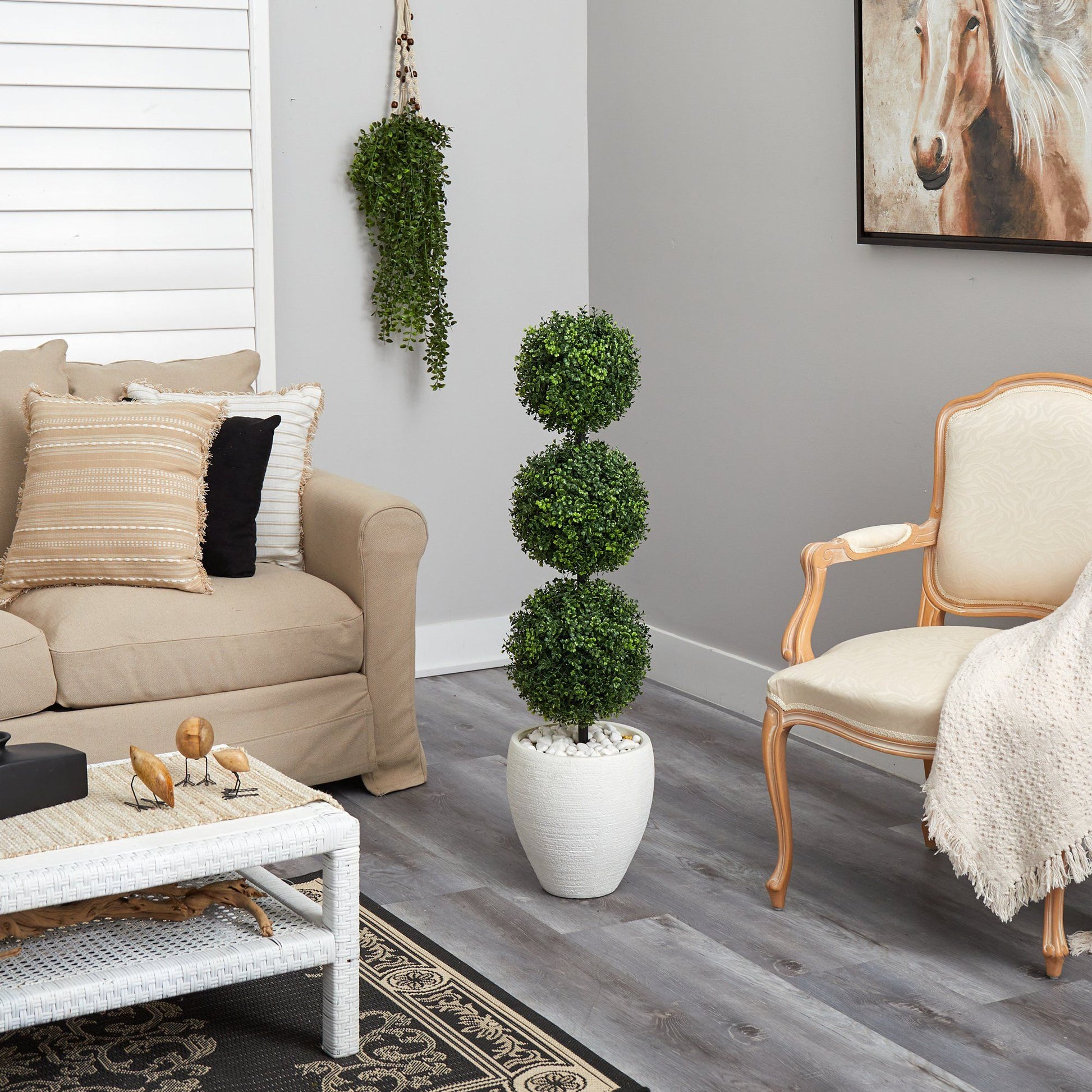 3.5’ Boxwood Triple Ball Topiary Artificial Tree in White Planter (Indoor/Outdoor) - Tampa Home & Garden Store