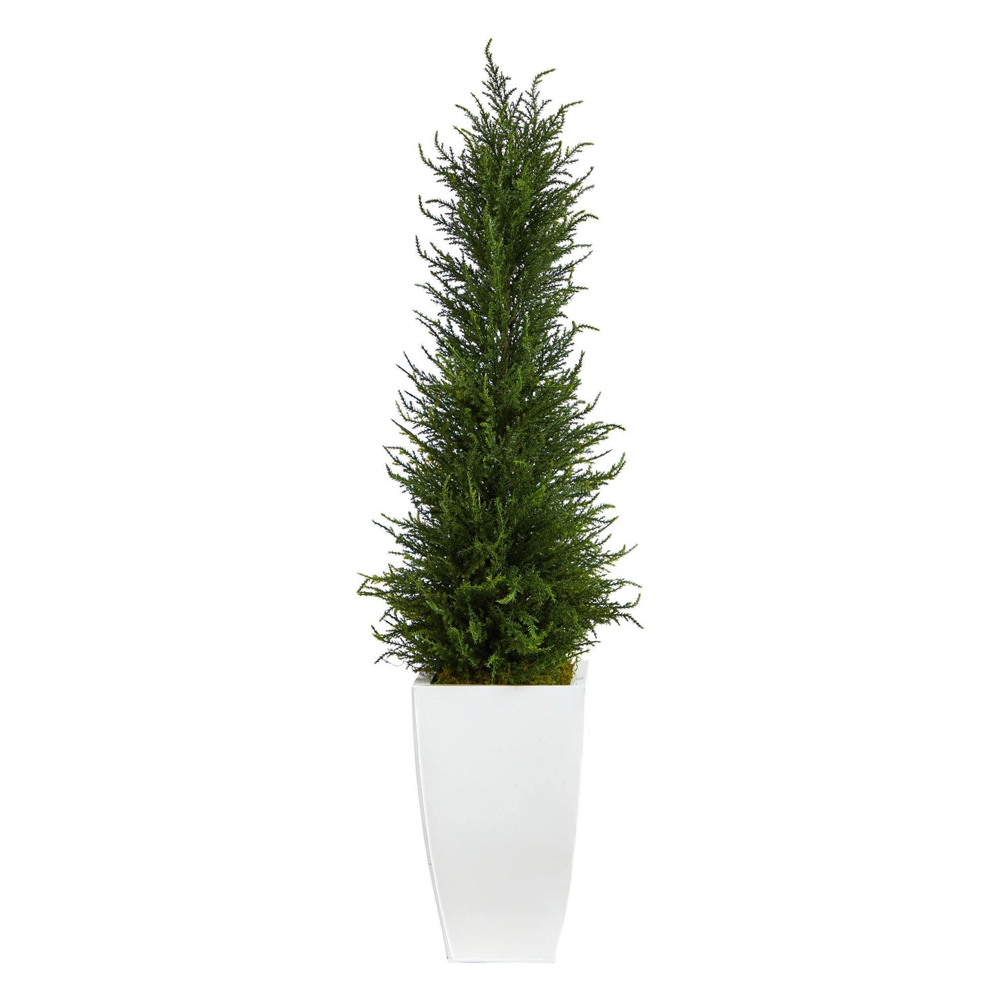 3.5’ Cypress Artificial Tree in White Metal Planter (Indoor/Outdoor) - Tampa Home & Garden Store