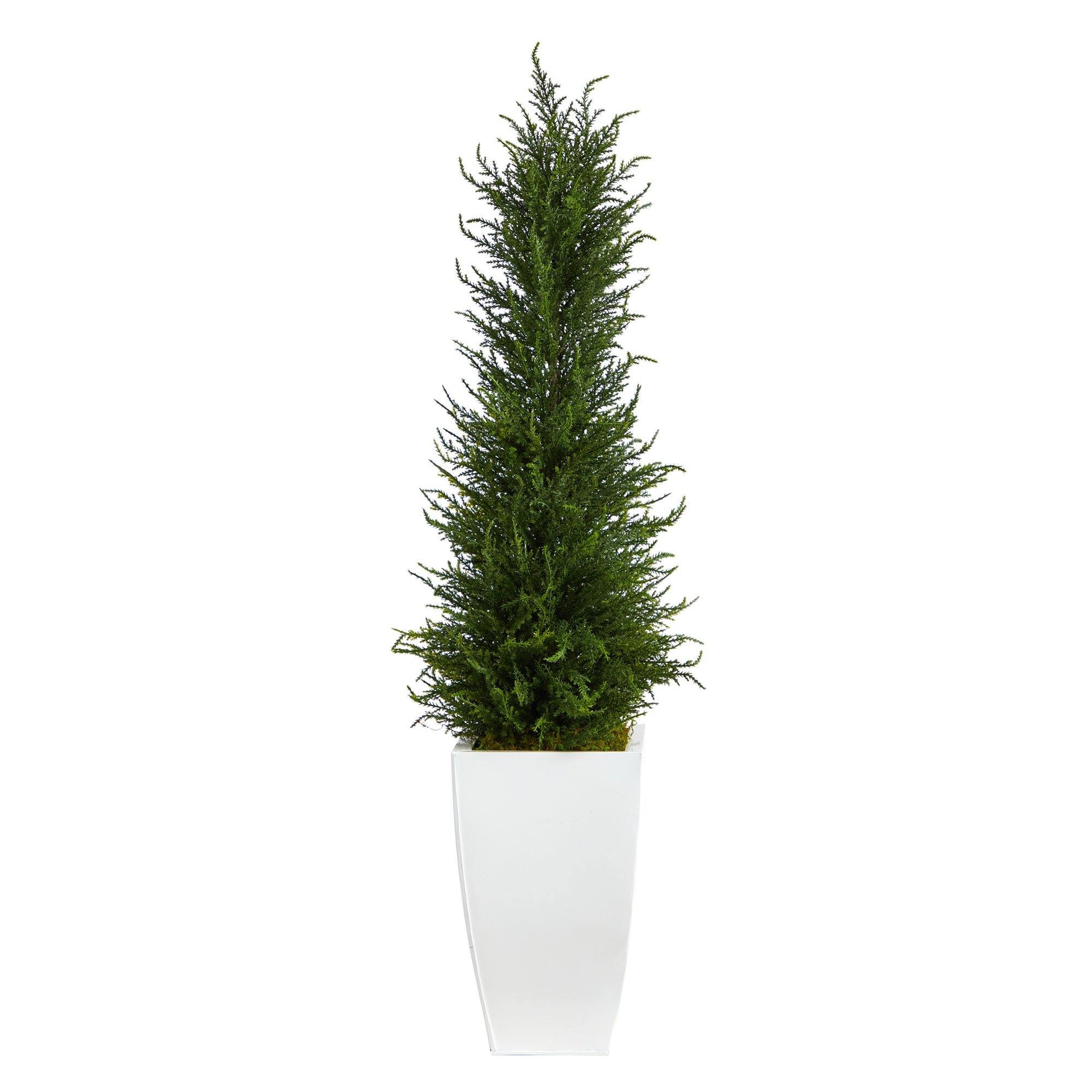 3.5’ Cypress Artificial Tree in White Metal Planter (Indoor/Outdoor) - Tampa Home & Garden Store