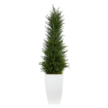 3.5’ Cypress Artificial Tree in White Metal Planter (Indoor/Outdoor) - Tampa Home & Garden Store