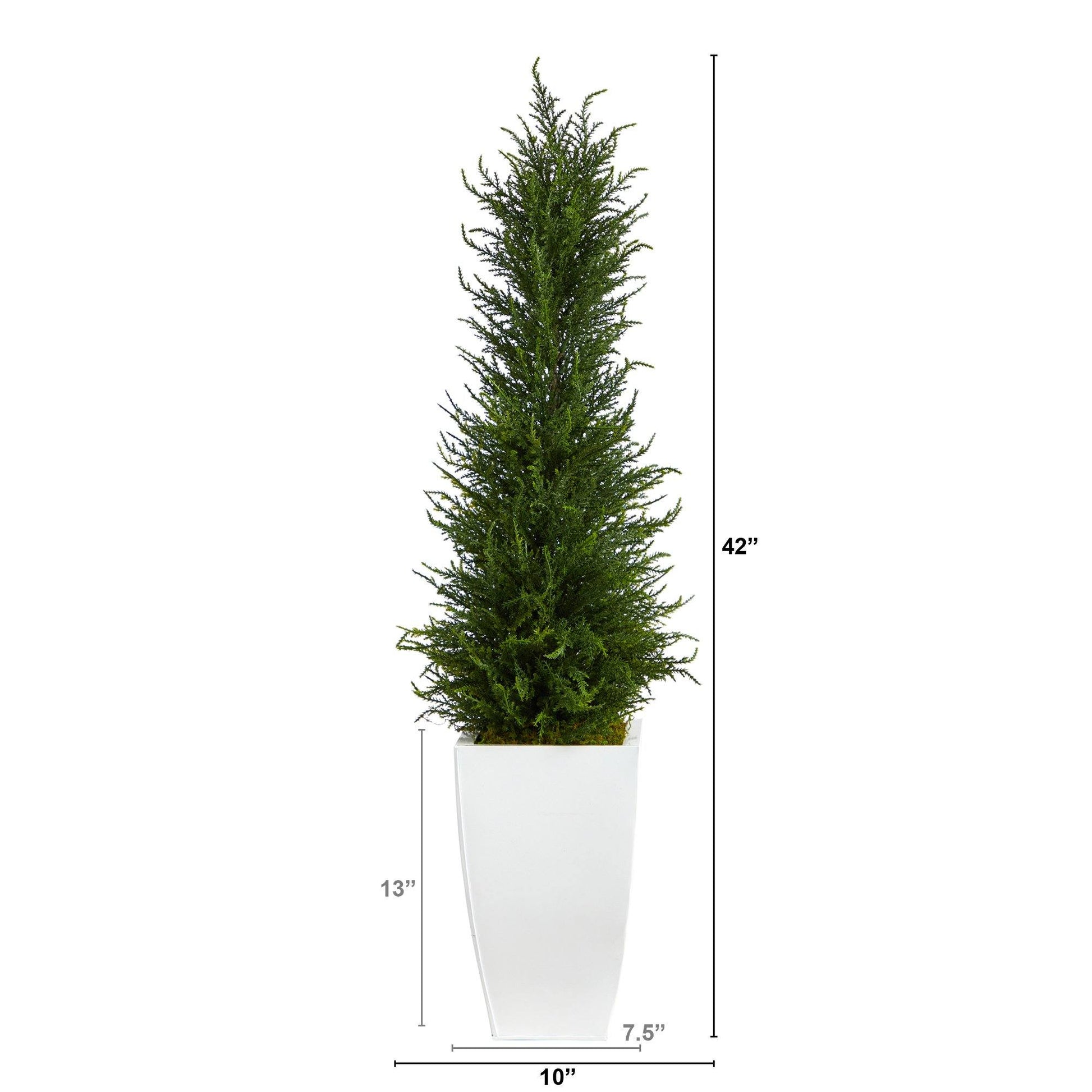 3.5’ Cypress Artificial Tree in White Metal Planter (Indoor/Outdoor) - Tampa Home & Garden Store