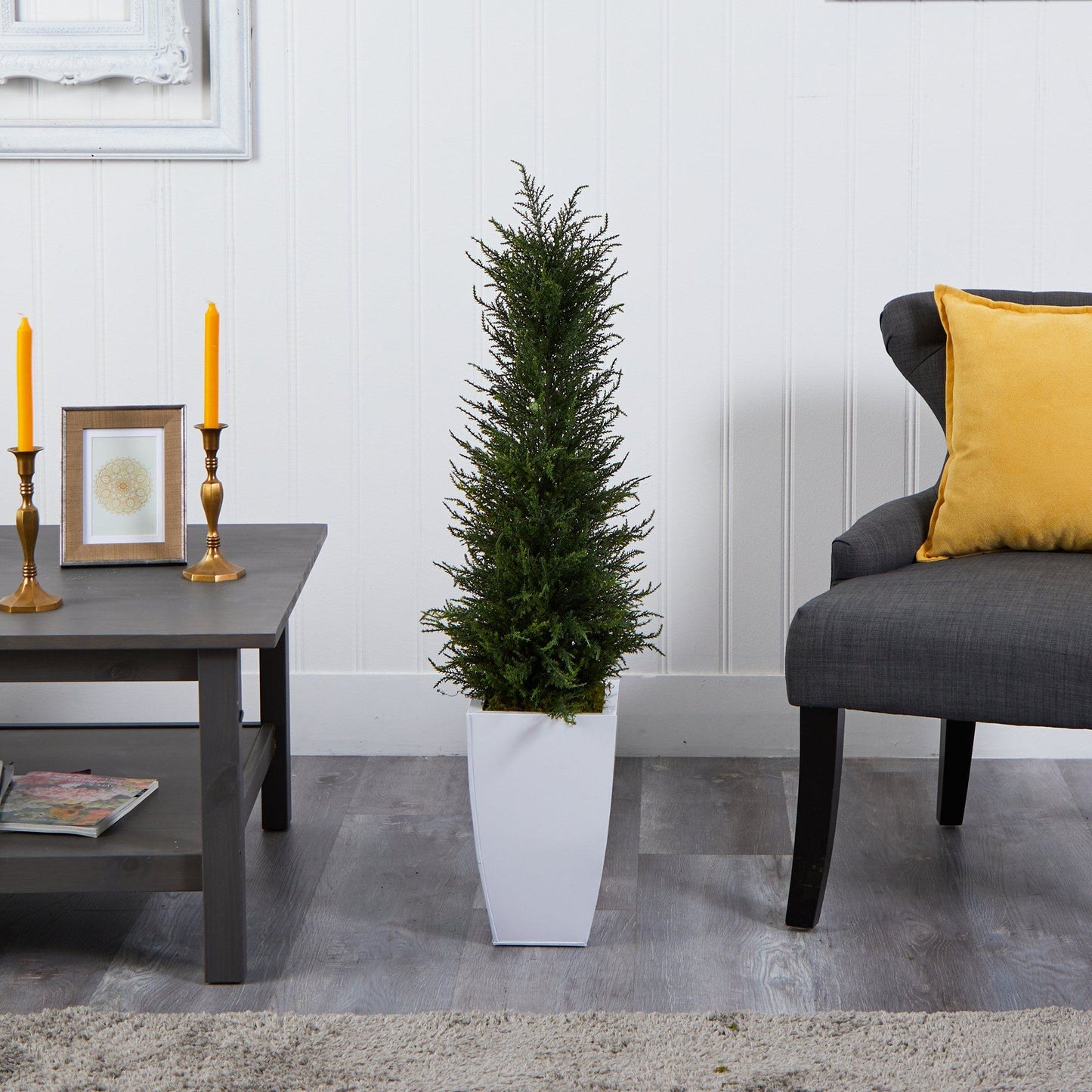 3.5’ Cypress Artificial Tree in White Metal Planter (Indoor/Outdoor) - Tampa Home & Garden Store