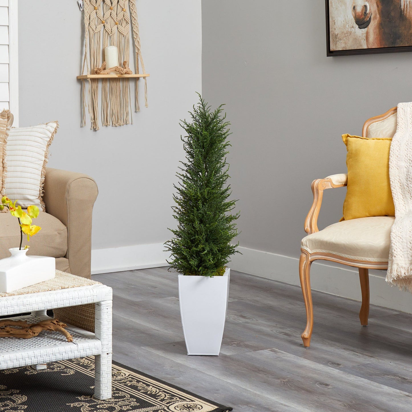 3.5’ Cypress Artificial Tree in White Metal Planter (Indoor/Outdoor) - Tampa Home & Garden Store