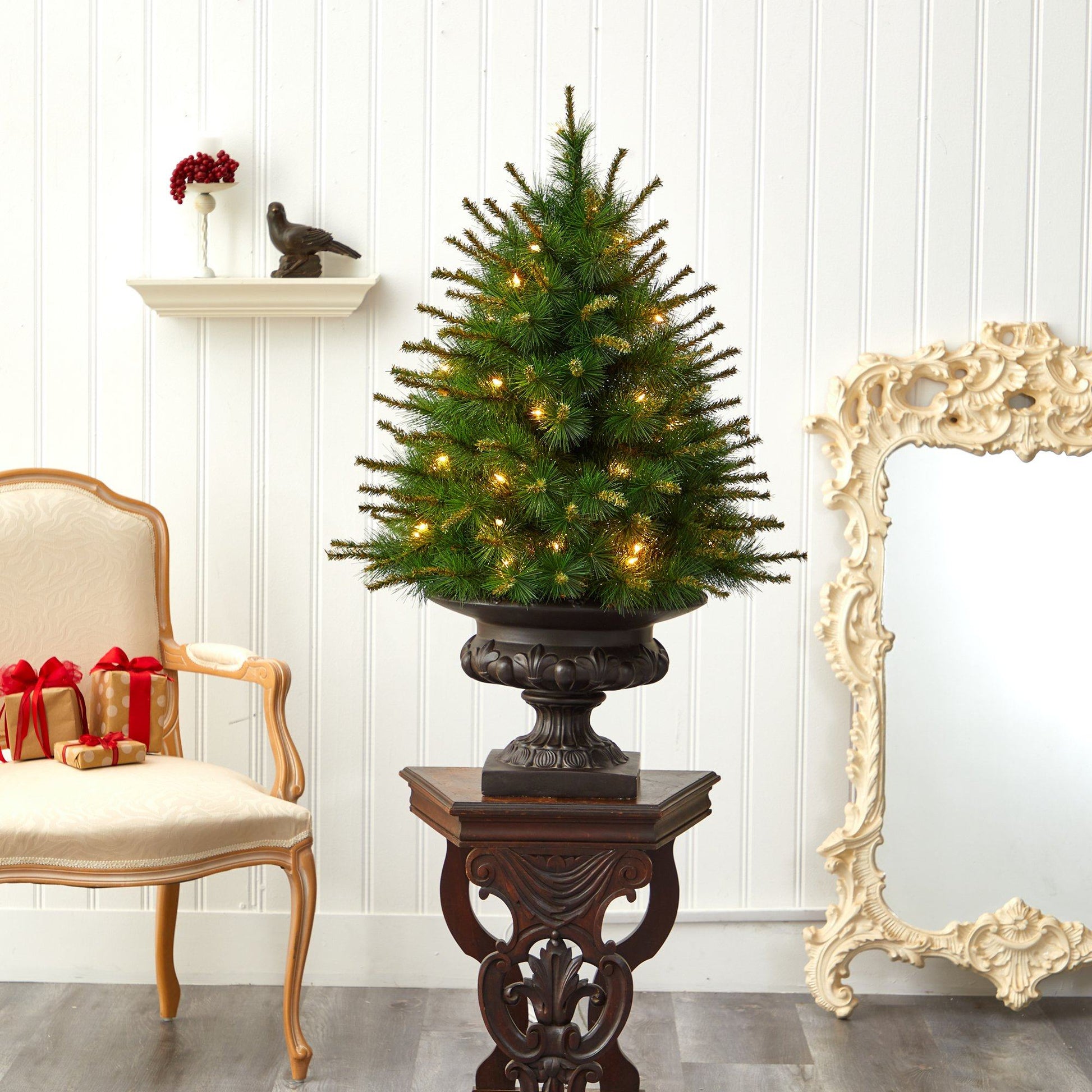 3.5’ New England Pine Artificial Christmas Tree with 50 Clear Lights and 117 Bendable Branches in Iron Colored Urn - Tampa Home & Garden Store