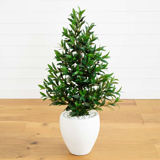 3.5’ Olive Cone Topiary Artificial Tree in White Planter (Indoor/Outdoor) - Tampa Home & Garden Store