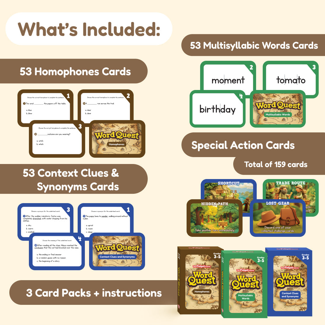 Word Quest flash cards by The Fidget Games 159-card set with homophones, context clues, synonyms on Tampa Home & Garden Store