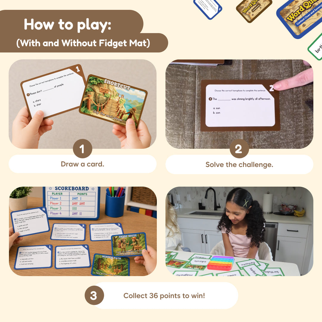 Word Quest educational flash cards by The Fidget Games; draw cards and solve challenges on Tampa Home & Garden Store