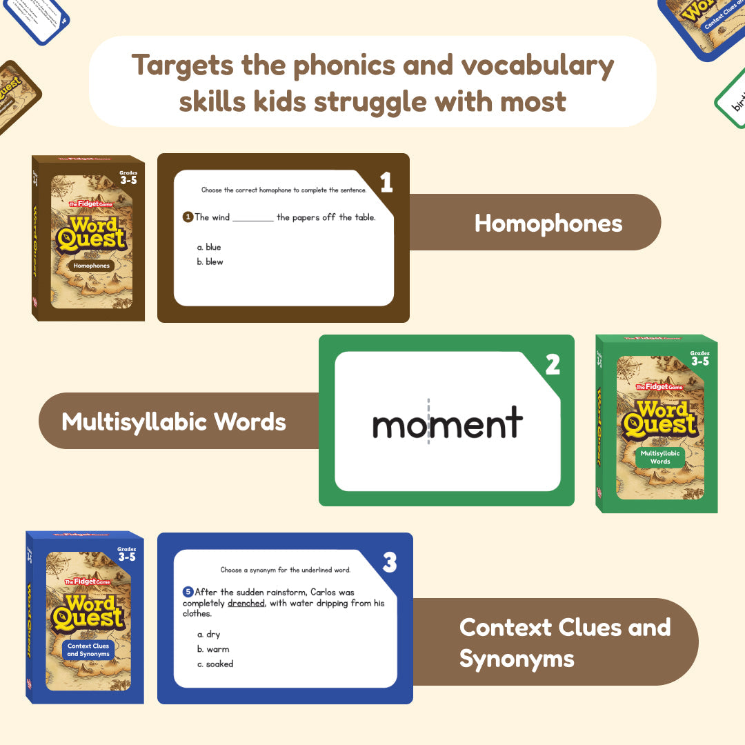 Word Quest flash cards by The Fidget Games; homophones, multisyllabic words & context clues grades 3–5 on Tampa Home & Garden Store