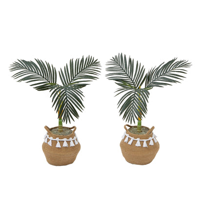3' Artificial Golden Cane Palm Tree with Handmade Jute & Cotton Basket with Tassels DIY KIT - Set of 2 - Tampa Home & Garden Store