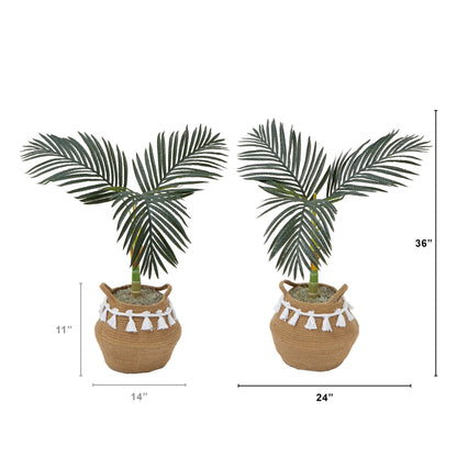 3' Artificial Golden Cane Palm Tree with Handmade Jute & Cotton Basket with Tassels DIY KIT - Set of 2 - Tampa Home & Garden Store