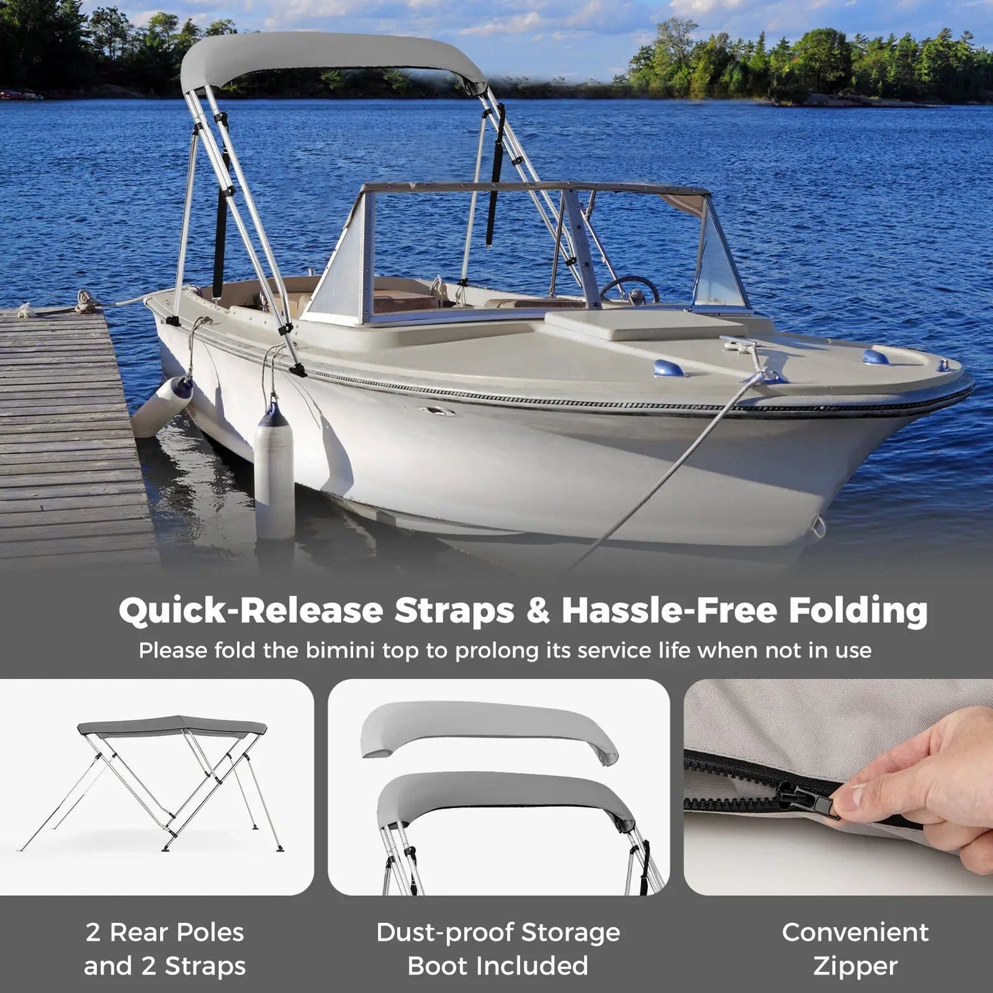 3 Bow Boat Bimini Top With Storage Boot Gray