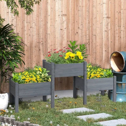 3 Grey Wood Elevated Planter Set Vegetable Herb Flowers Garden - Tampa Home & Garden Store