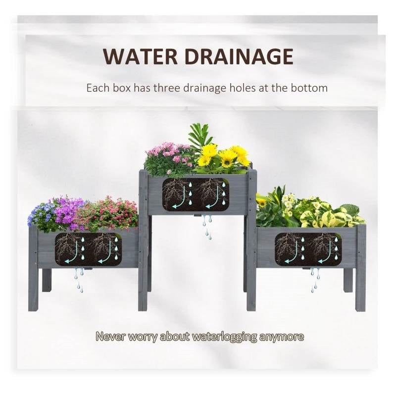 3 Grey Wood Elevated Planter Set Vegetable Herb Flowers Garden - Tampa Home & Garden Store