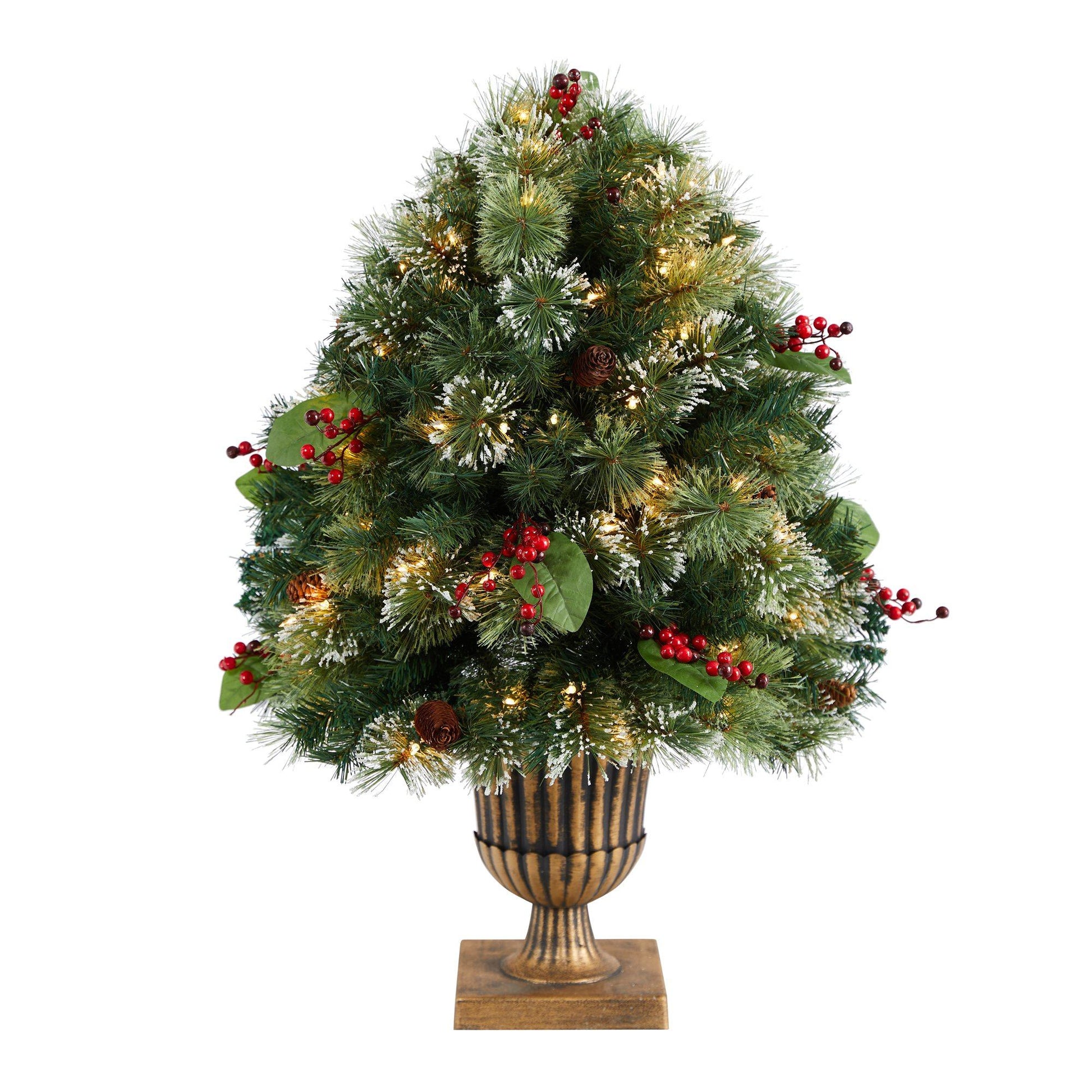 3' Holiday Pre-Lit Snow Tip Greenery, Berries and Pinecones Plant in Urn with 100 LED Lights - Tampa Home & Garden Store