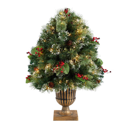3' Holiday Pre-Lit Snow Tip Greenery, Berries and Pinecones Plant in Urn with 100 LED Lights - Tampa Home & Garden Store