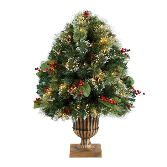 3' Holiday Pre-Lit Snow Tip Greenery, Berries and Pinecones Plant in Urn with 100 LED Lights - Tampa Home & Garden Store