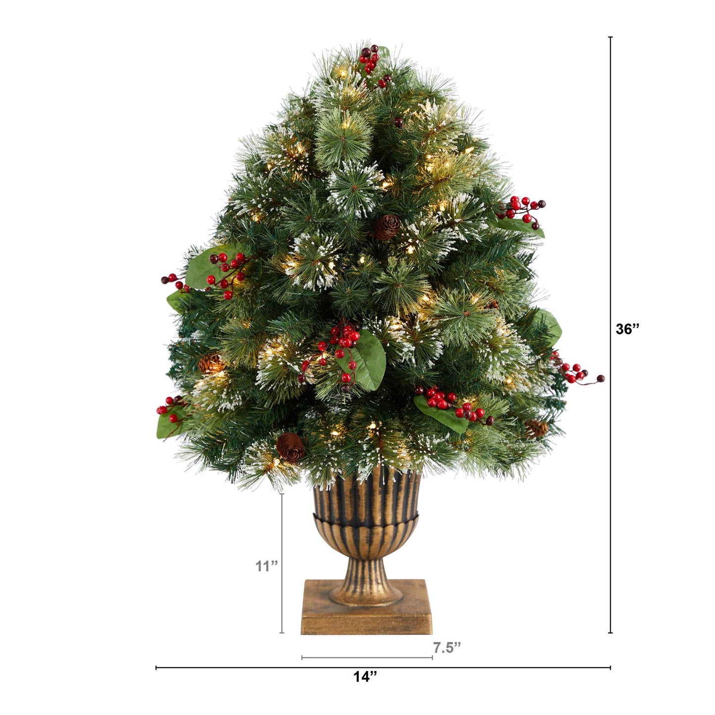 3' Holiday Pre-Lit Snow Tip Greenery, Berries and Pinecones Plant in Urn with 100 LED Lights - Tampa Home & Garden Store