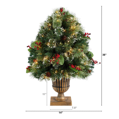 3' Holiday Pre-Lit Snow Tip Greenery, Berries and Pinecones Plant in Urn with 100 LED Lights - Tampa Home & Garden Store