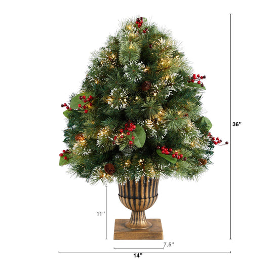 3' Holiday Pre-Lit Snow Tip Greenery, Berries and Pinecones Plant in Urn with 100 LED Lights - Tampa Home & Garden Store