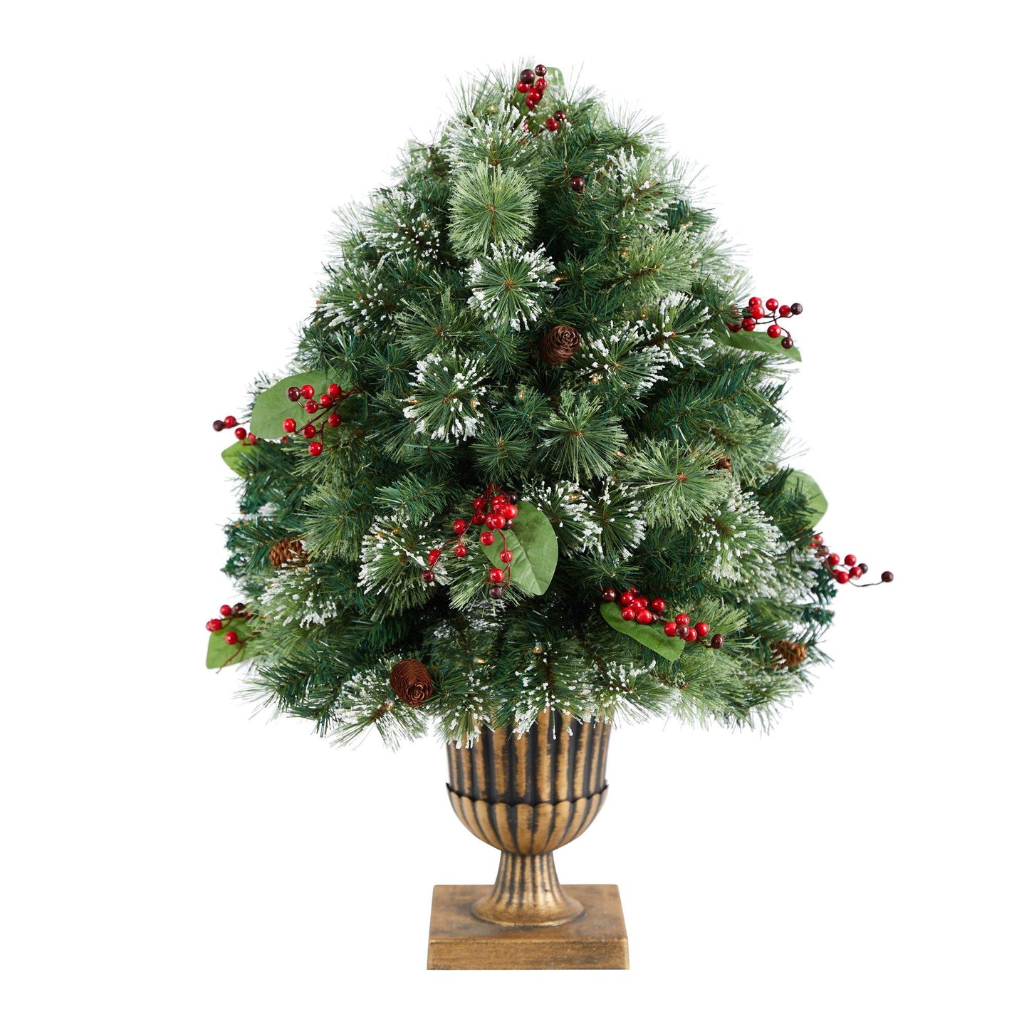 3' Holiday Pre-Lit Snow Tip Greenery, Berries and Pinecones Plant in Urn with 100 LED Lights - Tampa Home & Garden Store