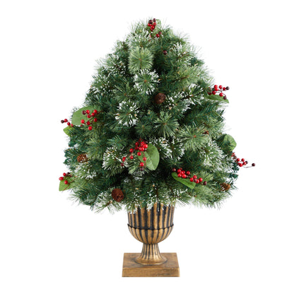 3' Holiday Pre-Lit Snow Tip Greenery, Berries and Pinecones Plant in Urn with 100 LED Lights - Tampa Home & Garden Store