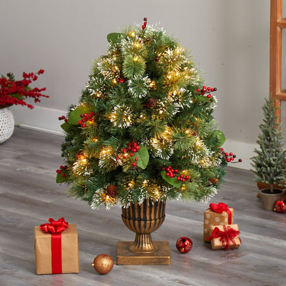 3' Holiday Pre-Lit Snow Tip Greenery, Berries and Pinecones Plant in Urn with 100 LED Lights - Tampa Home & Garden Store
